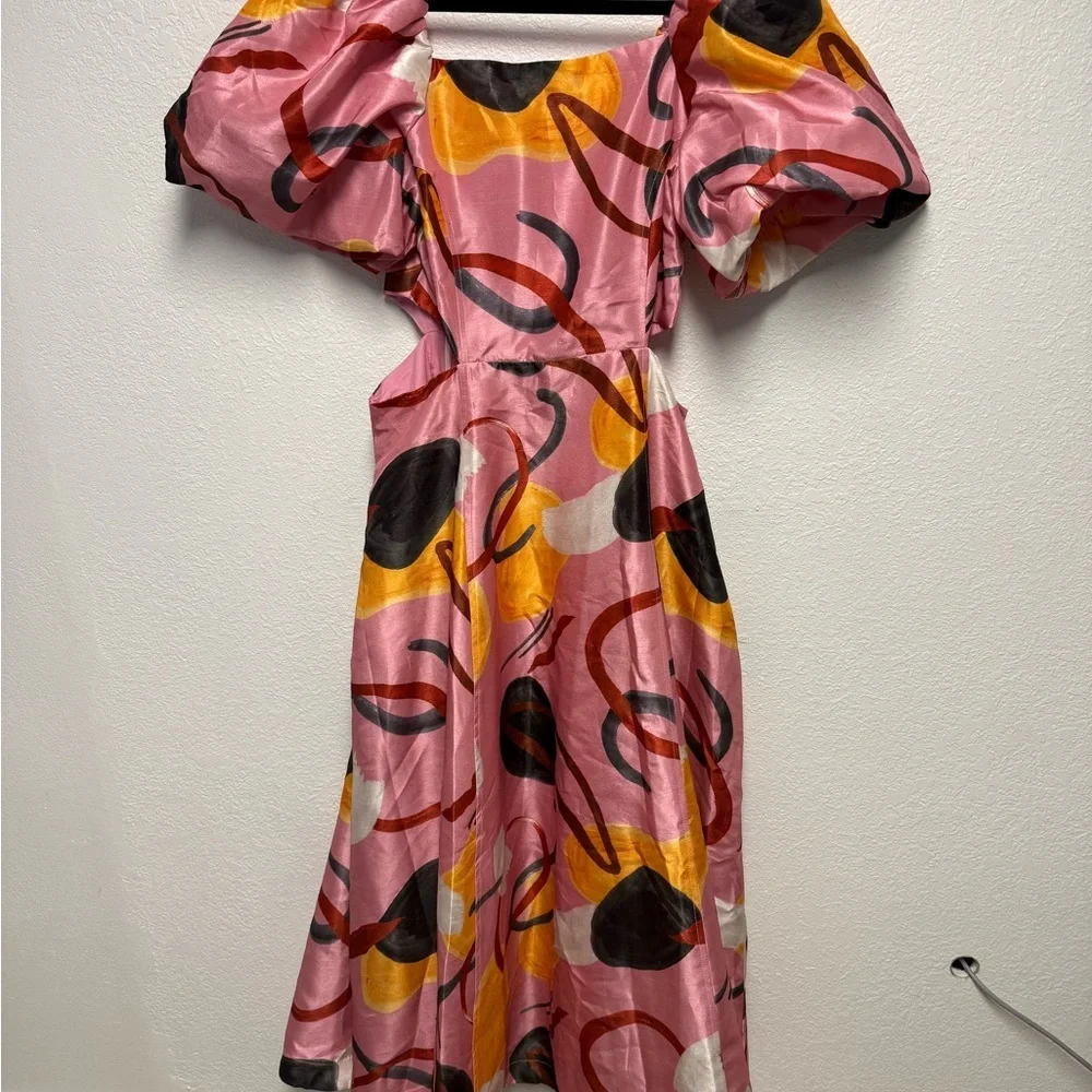 Aureta Studio Pink Abstract Puff Sleeve Cutout Midi Dress NWT Size S Anthro - Picture 2 of 12